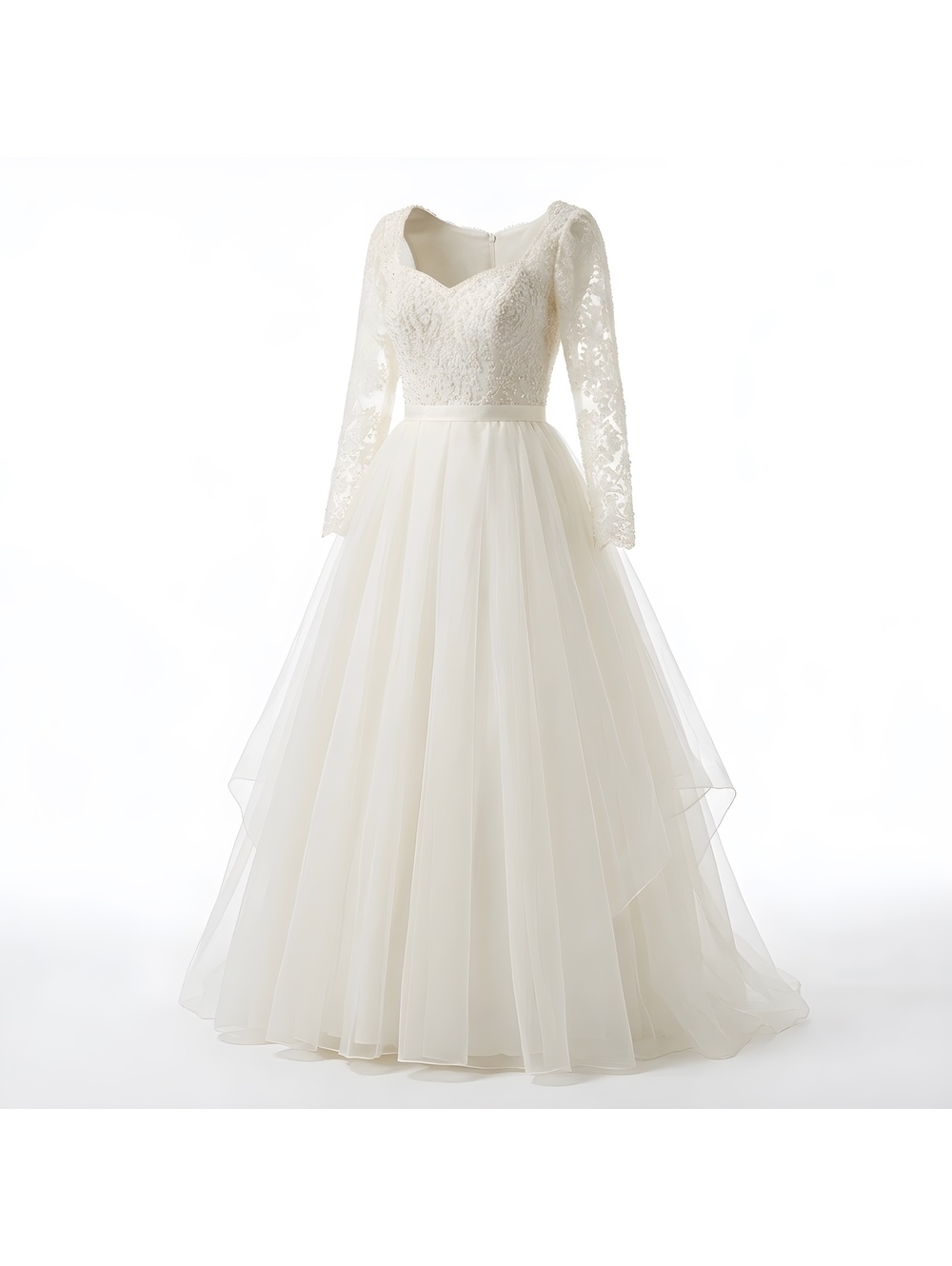 Oleg Cassini Elegant Long Sleeve Lace Wedding Dress with Layered Tulle Skirt